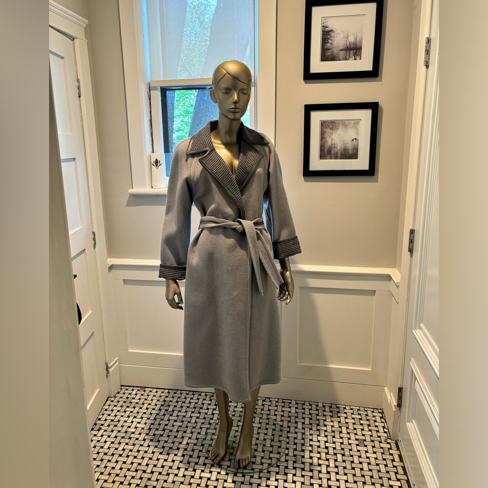 Vintage Liliane Burty Paris Grey WoolCoat Houndstooth & Leather Trim Belted 38/8
